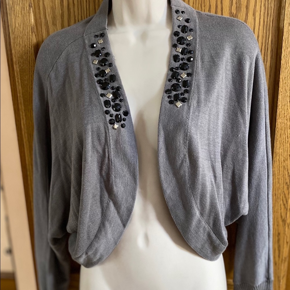 Gray knit sweater shrug with embellished front XL